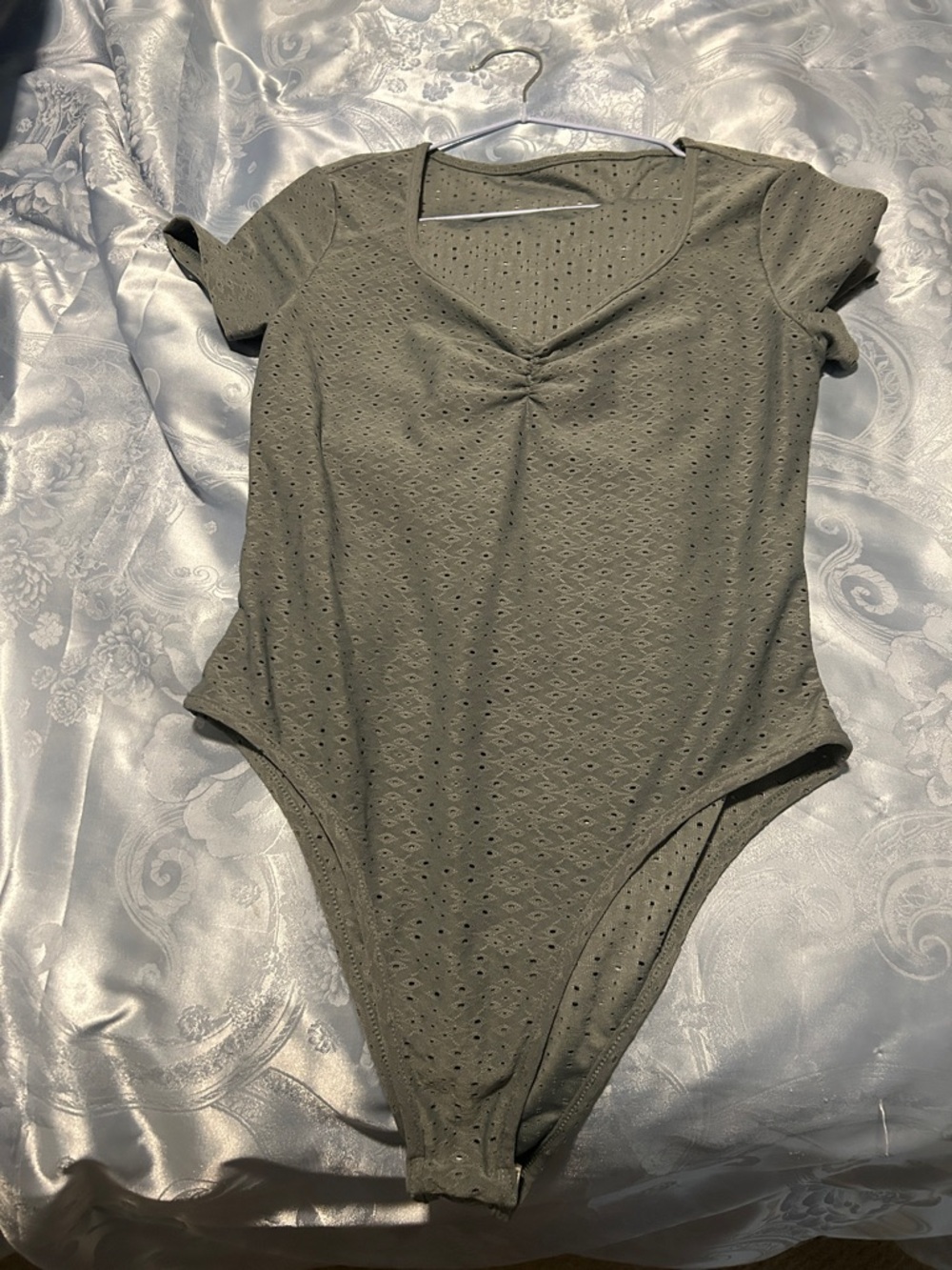 Olive Eyelet Short Sleeve Bodysuit